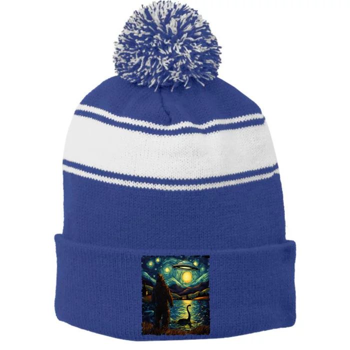 Funny Bigfoot Ufo And Nessie Van Gogh Starry Night Painting Stripe Pom Pom Beanie