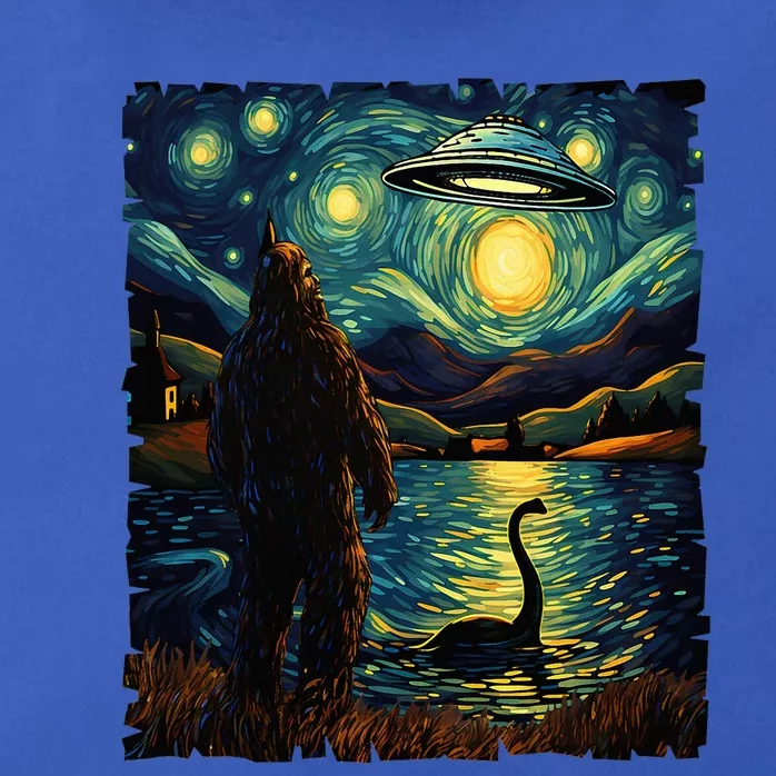 Funny Bigfoot Ufo And Nessie Van Gogh Starry Night Painting Zip Tote Bag