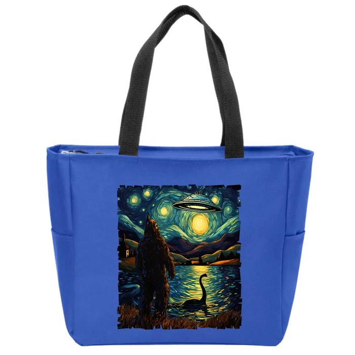 Funny Bigfoot Ufo And Nessie Van Gogh Starry Night Painting Zip Tote Bag