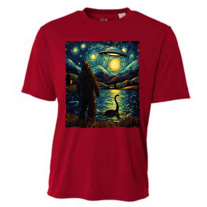 Funny Bigfoot Ufo And Nessie Van Gogh Starry Night Painting Cooling Performance Crew T-Shirt