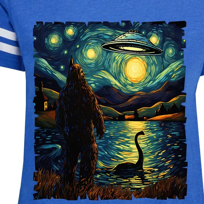 Funny Bigfoot Ufo And Nessie Van Gogh Starry Night Painting Enza Ladies Jersey Football T-Shirt