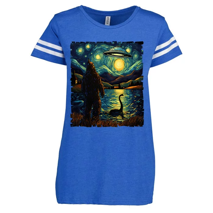 Funny Bigfoot Ufo And Nessie Van Gogh Starry Night Painting Enza Ladies Jersey Football T-Shirt