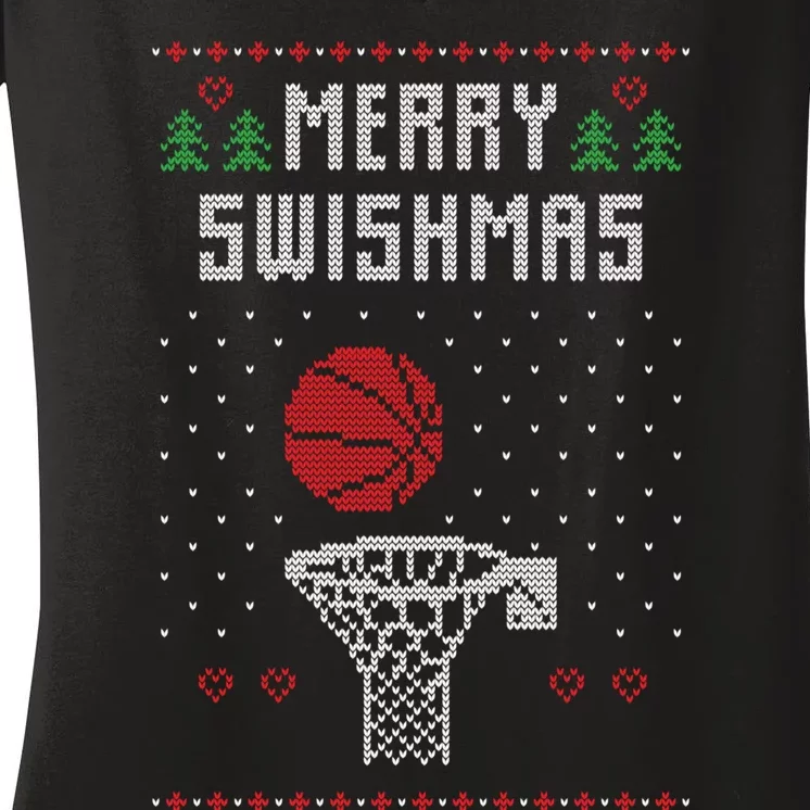 Funny Basketball Ugly Christmas Sweater Gift Merry Swishmas Women's V-Neck T-Shirt