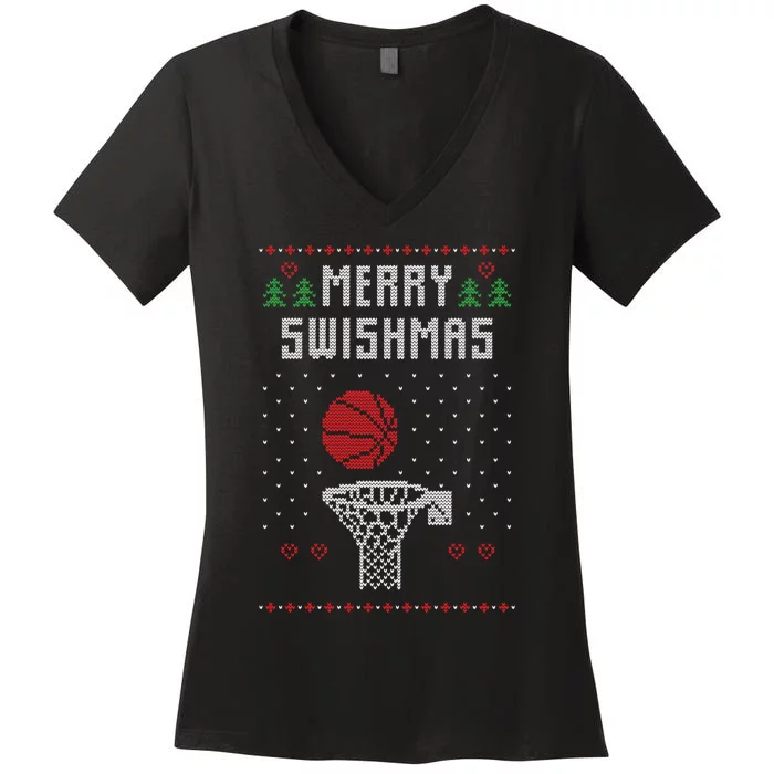 Funny Basketball Ugly Christmas Sweater Gift Merry Swishmas Women's V-Neck T-Shirt