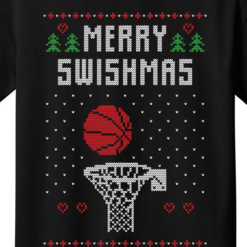 Funny Basketball Ugly Christmas Sweater Gift Merry Swishmas Kids T-Shirt