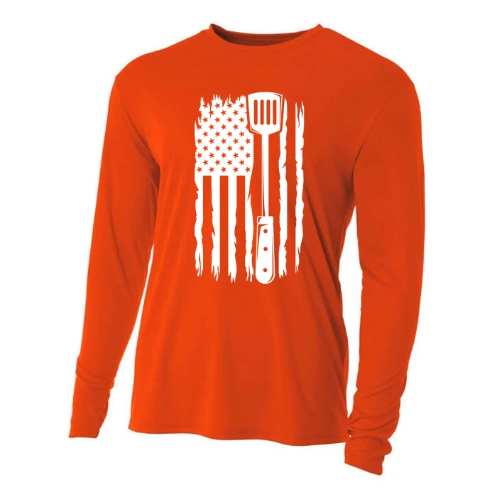 Funny Bbq Us Flag American Chef Grillfather Barbecue Grillin Gift Cooling Performance Long Sleeve Crew