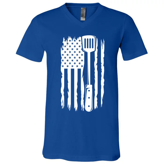 Funny Bbq Us Flag American Chef Grillfather Barbecue Grillin Gift V-Neck T-Shirt