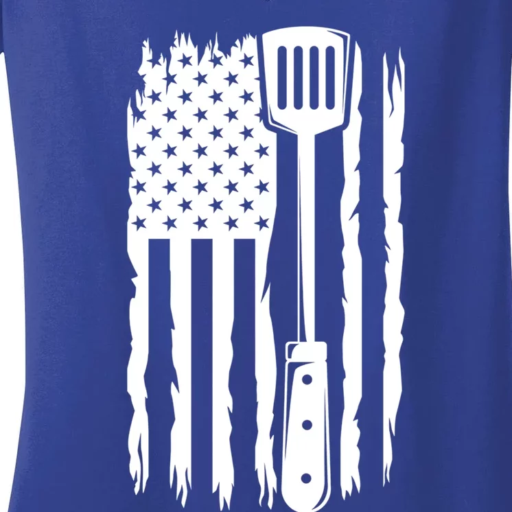 Funny Bbq Us Flag American Chef Grillfather Barbecue Grillin Gift Women's V-Neck T-Shirt