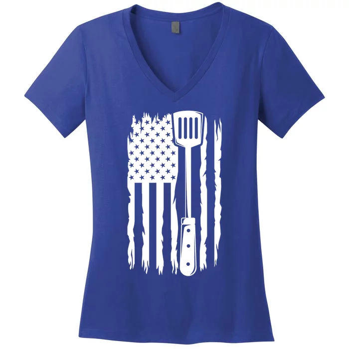 Funny Bbq Us Flag American Chef Grillfather Barbecue Grillin Gift Women's V-Neck T-Shirt