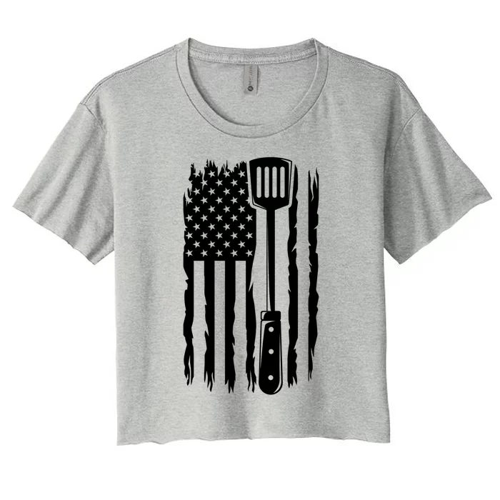 Funny Bbq Us Flag American Chef Grillfather Barbecue Grillin Gift Women's Crop Top Tee