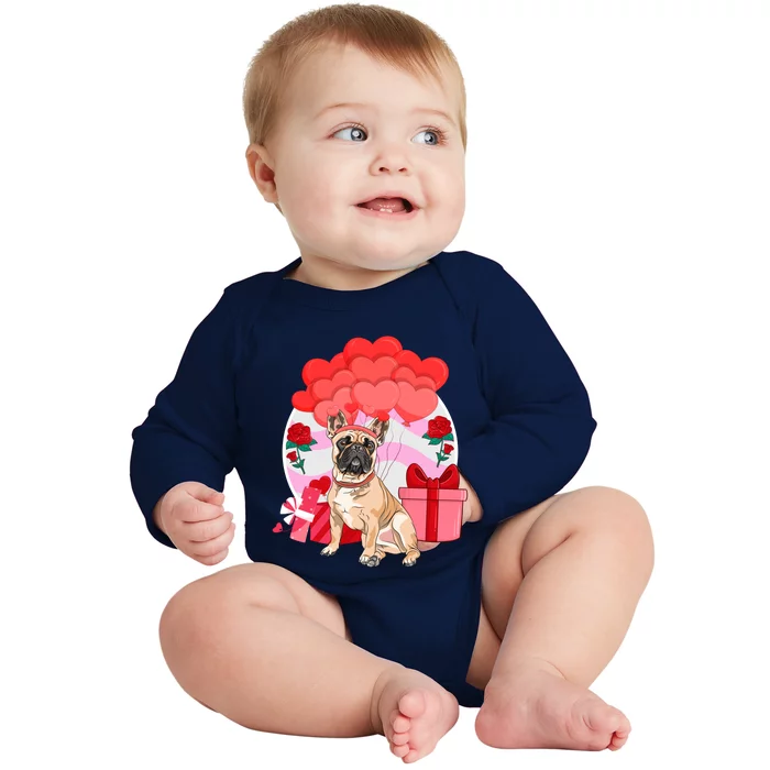 French Bulldog Valentines Day Frenchie Hearts Flowers Cute Gift Baby Long Sleeve Bodysuit