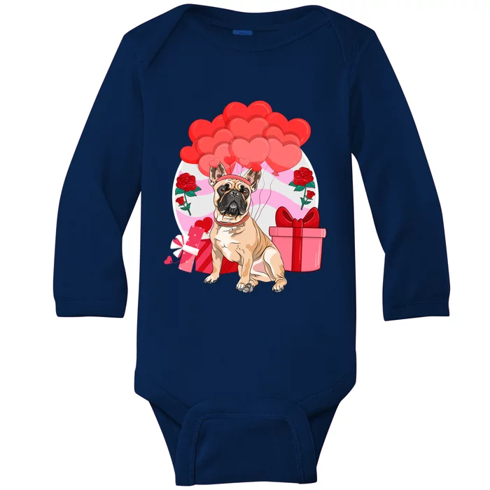 French Bulldog Valentines Day Frenchie Hearts Flowers Cute Gift Baby Long Sleeve Bodysuit