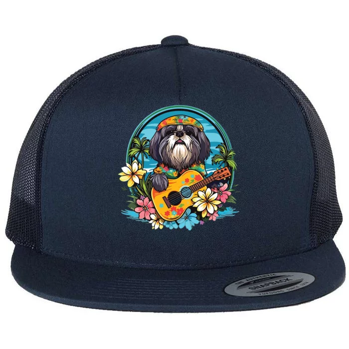 Floral Beach Vacation Shih Tzu Dog Flat Bill Trucker Hat