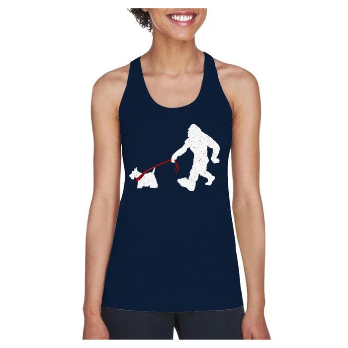 Funny Bigfoot Walking With Scottish Terrier Dog Gifts Women's Racerback Tank