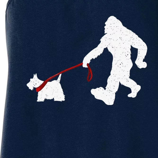 Funny Bigfoot Walking With Scottish Terrier Dog Gifts Women's Racerback Tank