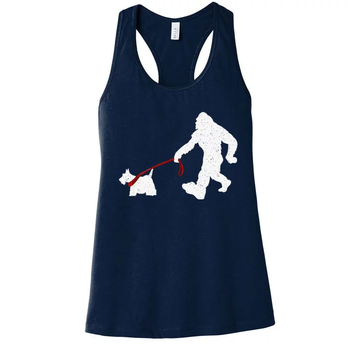 Funny Bigfoot Walking With Scottish Terrier Dog Gifts Women's Racerback Tank