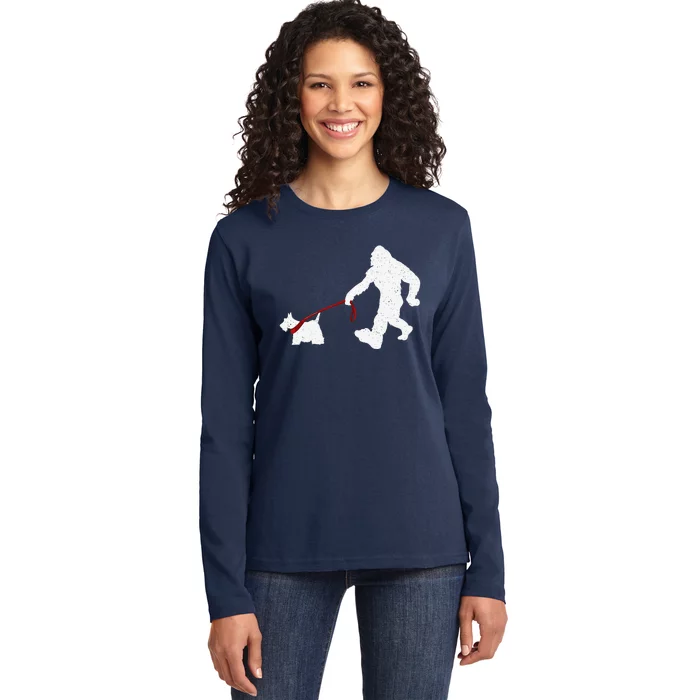 Funny Bigfoot Walking With Scottish Terrier Dog Gifts Ladies Long Sleeve Shirt