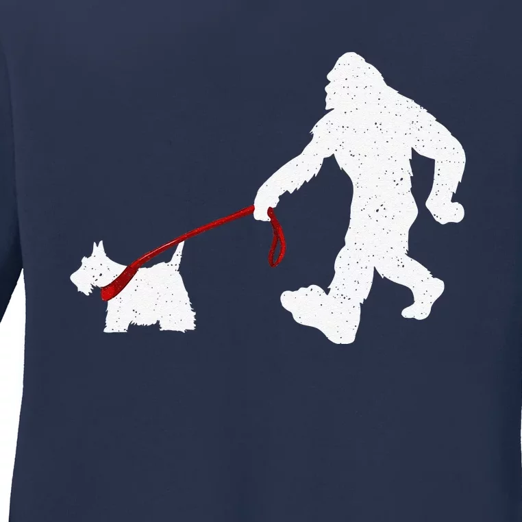 Funny Bigfoot Walking With Scottish Terrier Dog Gifts Ladies Long Sleeve Shirt