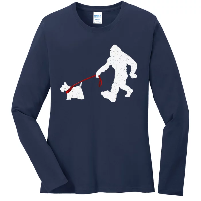 Funny Bigfoot Walking With Scottish Terrier Dog Gifts Ladies Long Sleeve Shirt