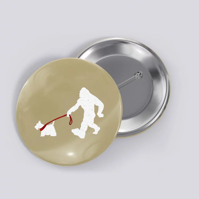 Funny Bigfoot Walking With Scottish Terrier Dog Gifts Button