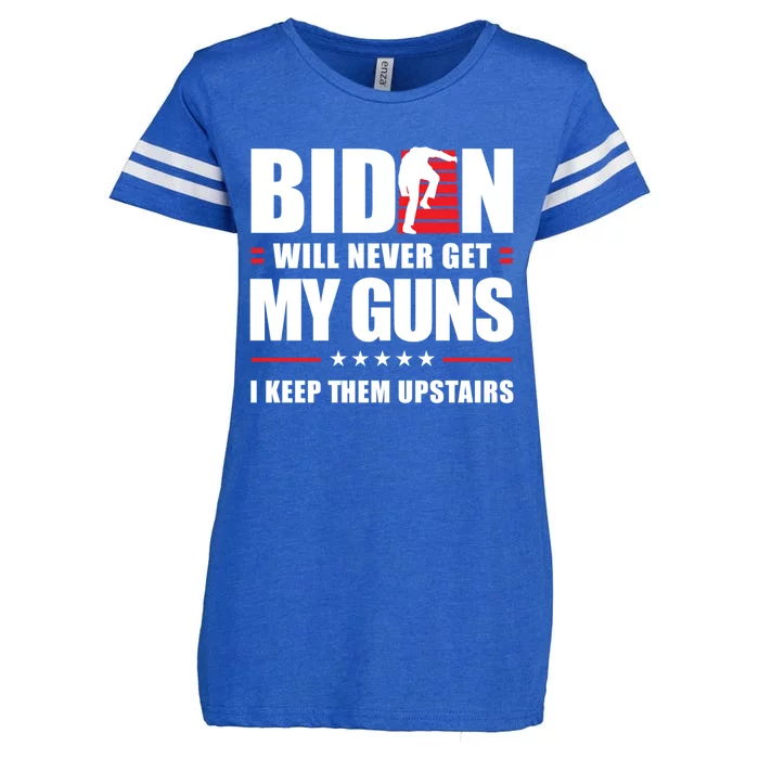 Funny Biden Will Never Get My Guns I Keep Them Upstairs Cute Gift Enza Ladies Jersey Football T-Shirt