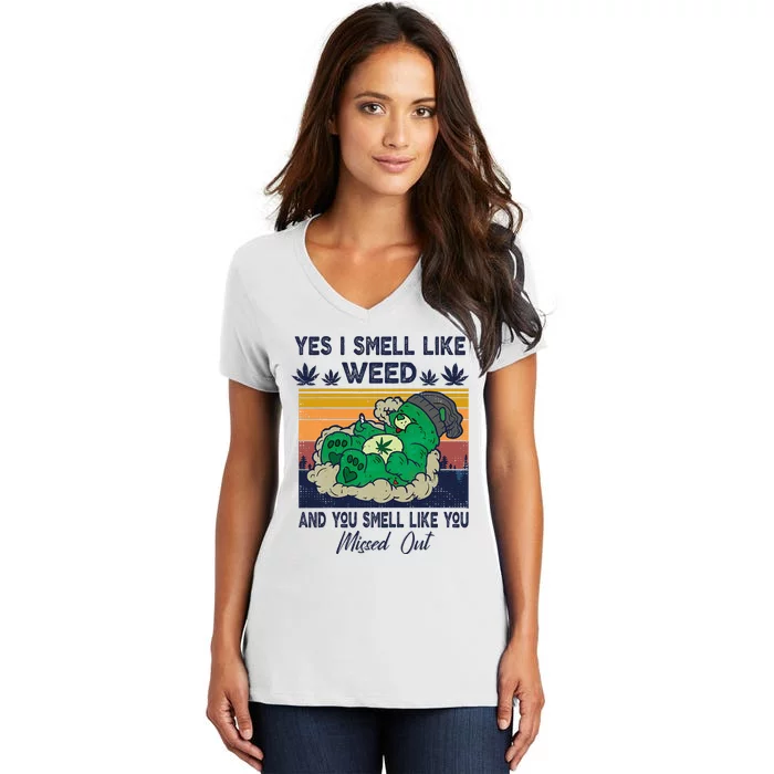 Funny Bear Weed Marijuana 420 Smoker Yes I Smell Like Weed Women's V-Neck T-Shirt