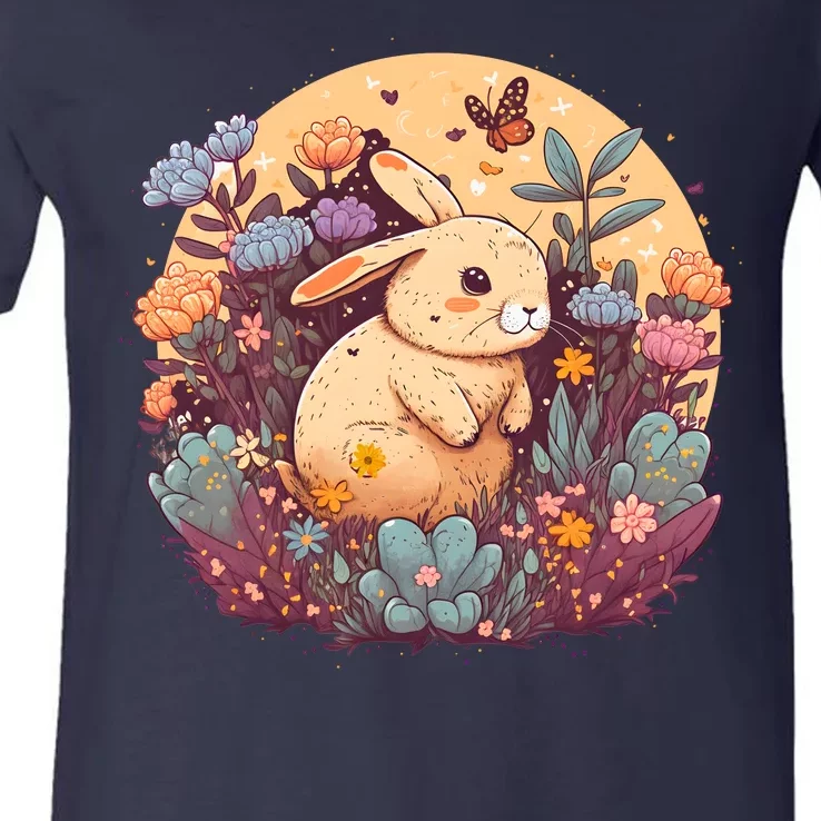 Funny Bunny With Flowers V-Neck T-Shirt