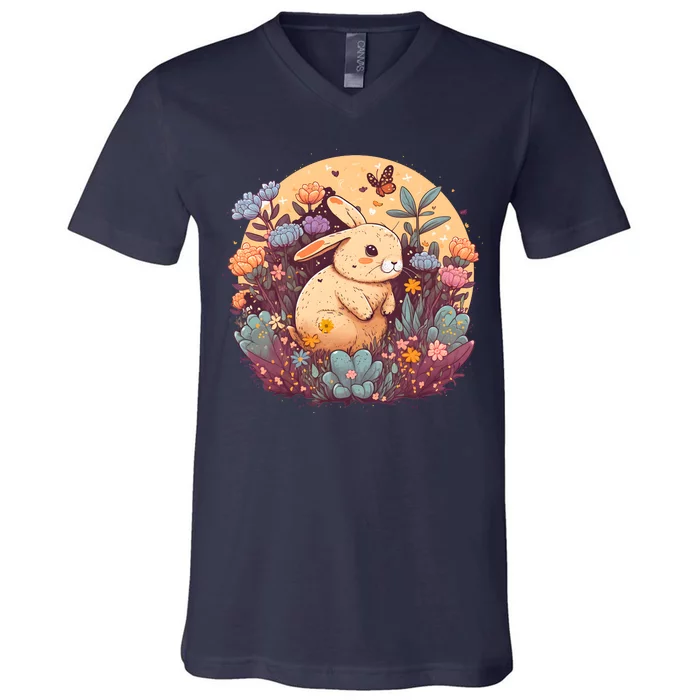 Funny Bunny With Flowers V-Neck T-Shirt