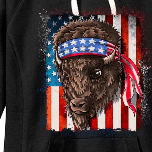 Funny Buffalo With American USA Flag Bandana Women's Fleece Hoodie