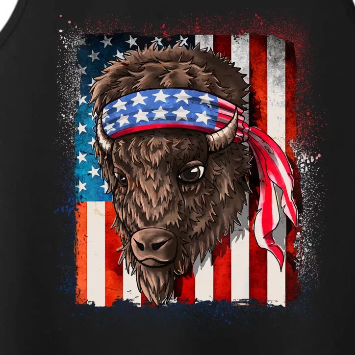 Funny Buffalo With American USA Flag Bandana Performance Tank