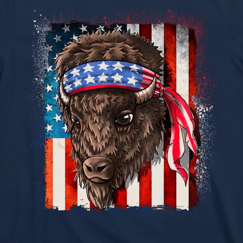 Funny Buffalo With American USA Flag Bandana T-Shirt