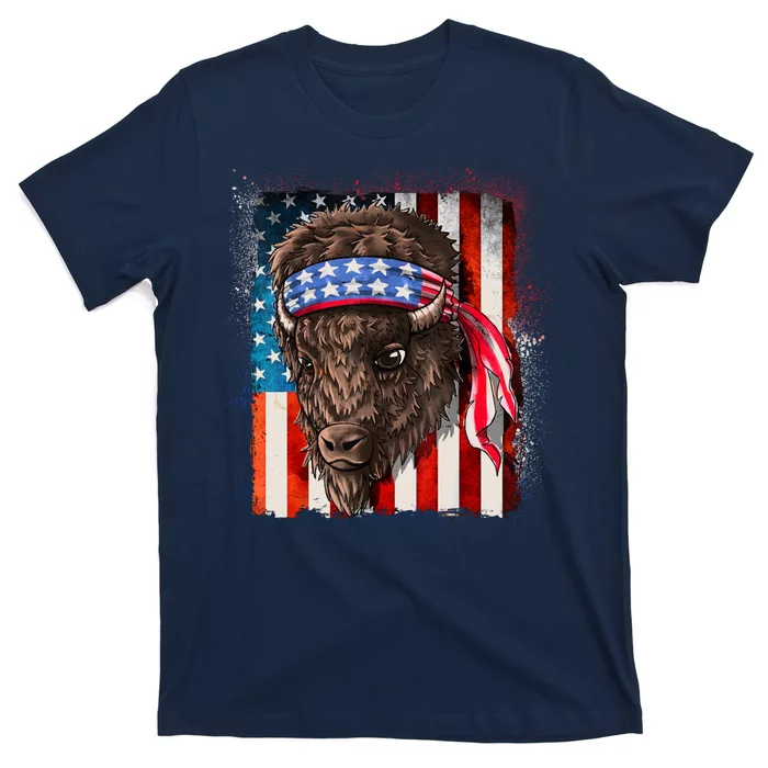 Funny Buffalo With American USA Flag Bandana T-Shirt