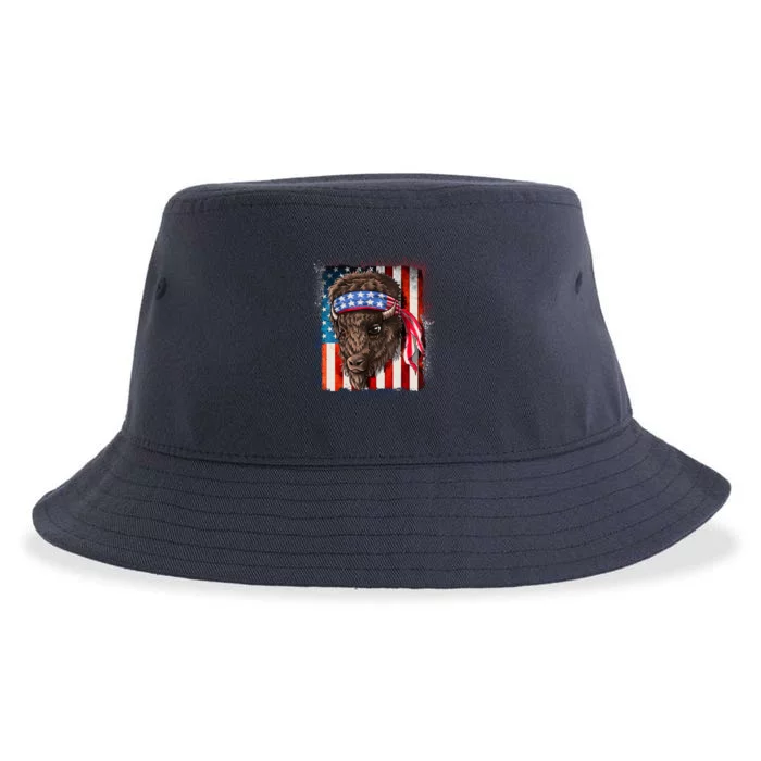 Funny Buffalo With American USA Flag Bandana Sustainable Bucket Hat