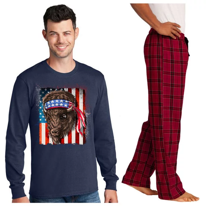 Funny Buffalo With American USA Flag Bandana Long Sleeve Pajama Set