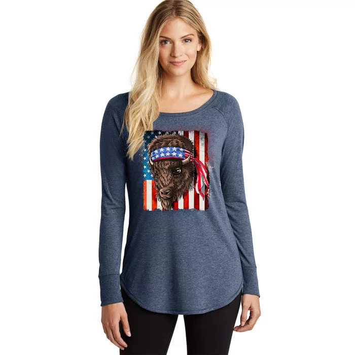 Funny Buffalo With American USA Flag Bandana Women's Perfect Tri Tunic Long Sleeve Shirt