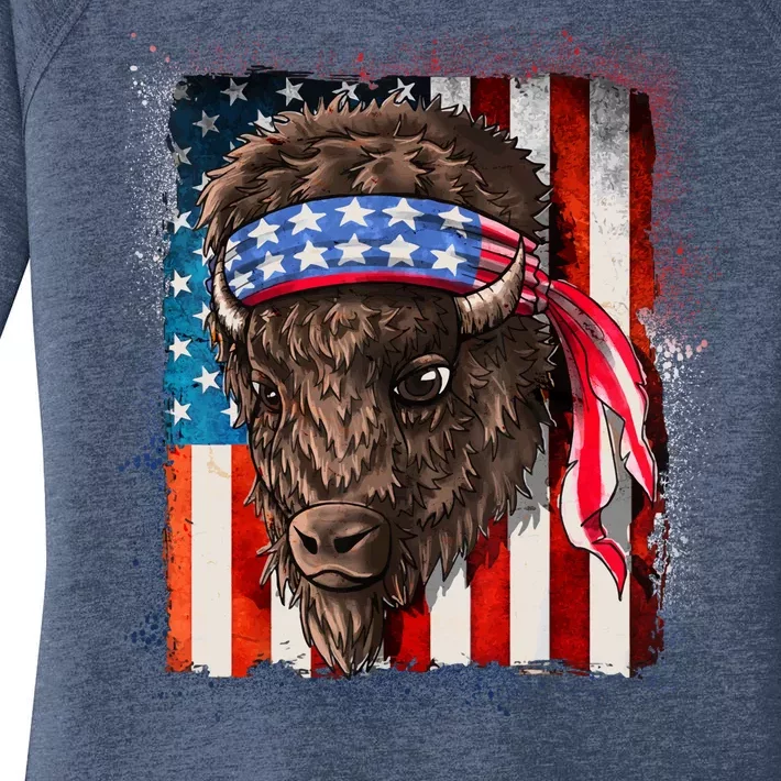 Funny Buffalo With American USA Flag Bandana Women's Perfect Tri Tunic Long Sleeve Shirt