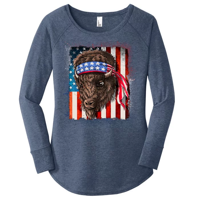 Funny Buffalo With American USA Flag Bandana Women's Perfect Tri Tunic Long Sleeve Shirt