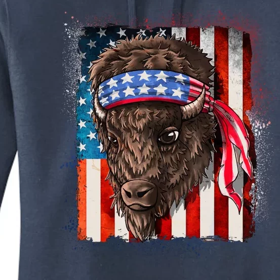 Funny Buffalo With American USA Flag Bandana Women's Pullover Hoodie