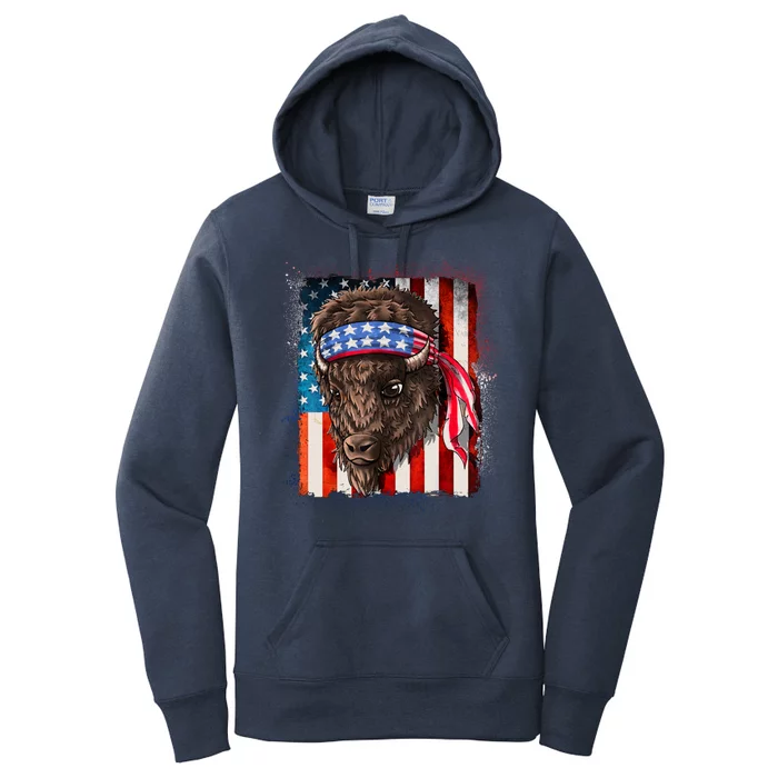 Funny Buffalo With American USA Flag Bandana Women's Pullover Hoodie