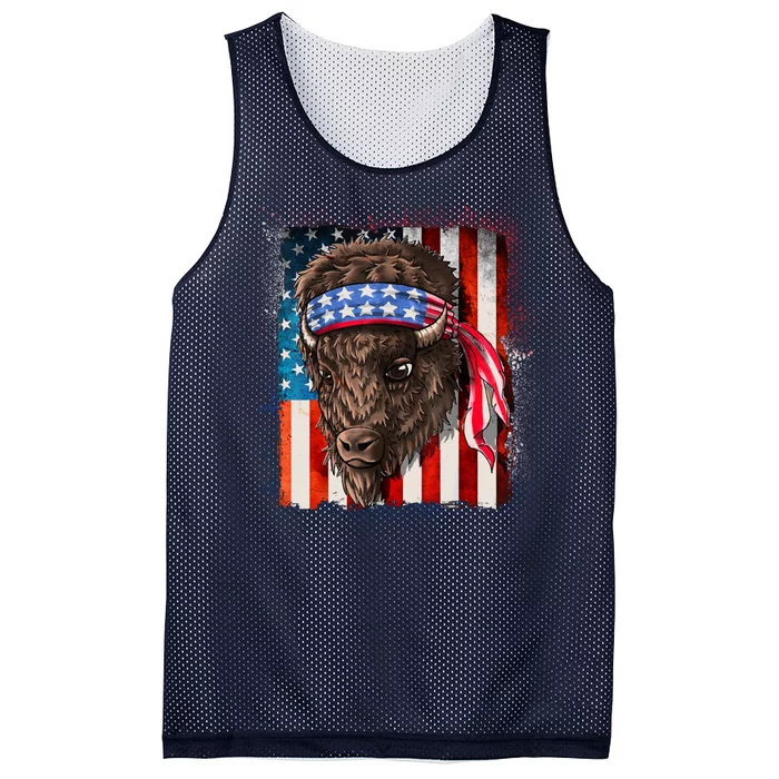 Funny Buffalo With American USA Flag Bandana Mesh Reversible Basketball Jersey Tank