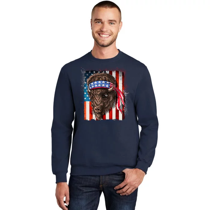 Funny Buffalo With American USA Flag Bandana Tall Sweatshirt