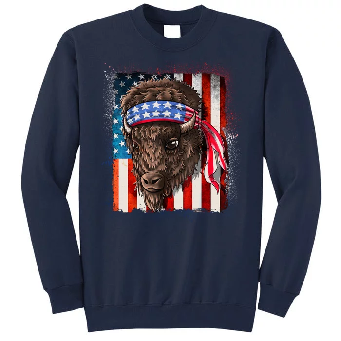 Funny Buffalo With American USA Flag Bandana Tall Sweatshirt