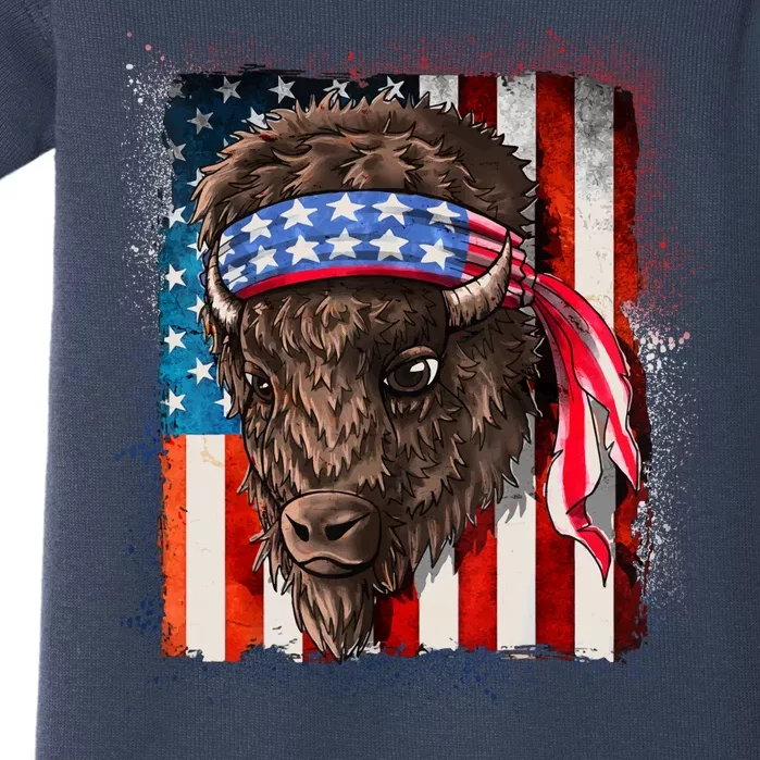 Funny Buffalo With American USA Flag Bandana Baby Bodysuit