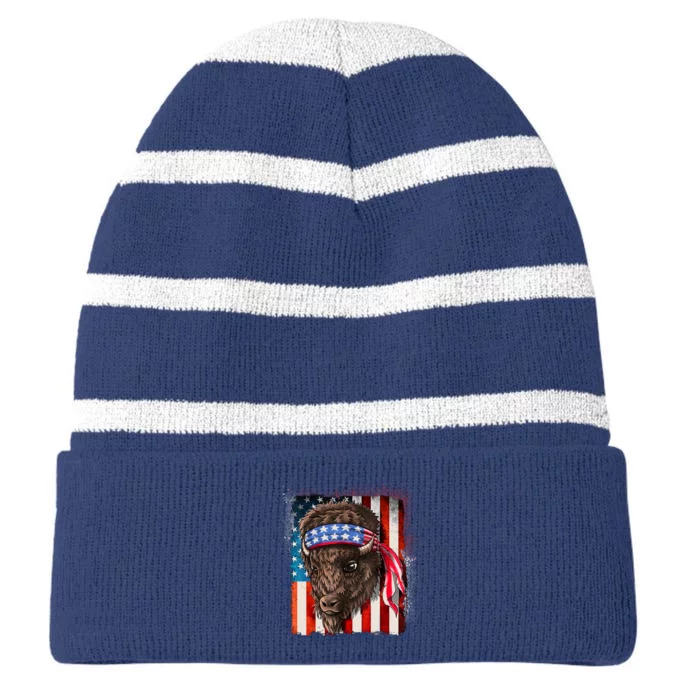 Funny Buffalo With American USA Flag Bandana Striped Beanie with Solid Band