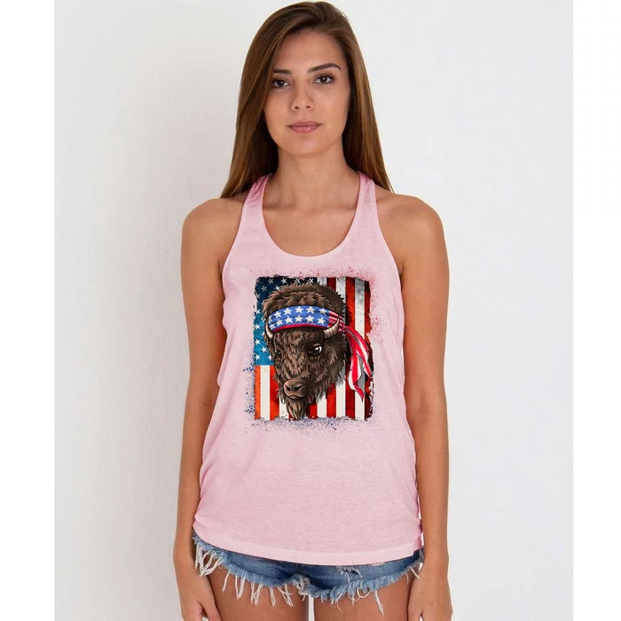 Funny Buffalo With American USA Flag Bandana Women's Knotted Racerback Tank