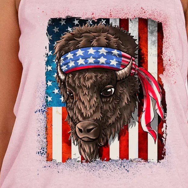 Funny Buffalo With American USA Flag Bandana Women's Knotted Racerback Tank