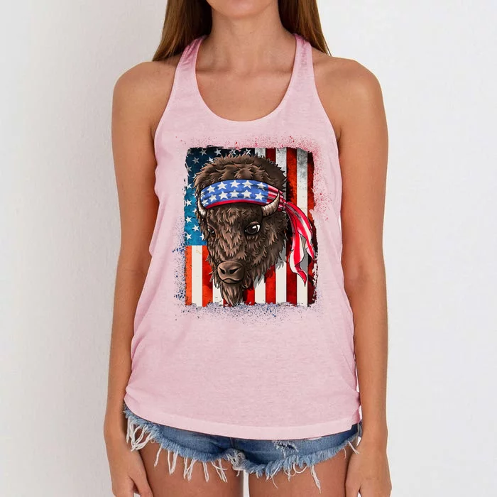 Funny Buffalo With American USA Flag Bandana Women's Knotted Racerback Tank