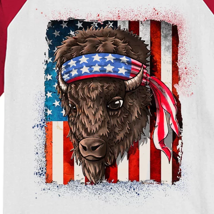 Funny Buffalo With American USA Flag Bandana Kids Colorblock Raglan Jersey