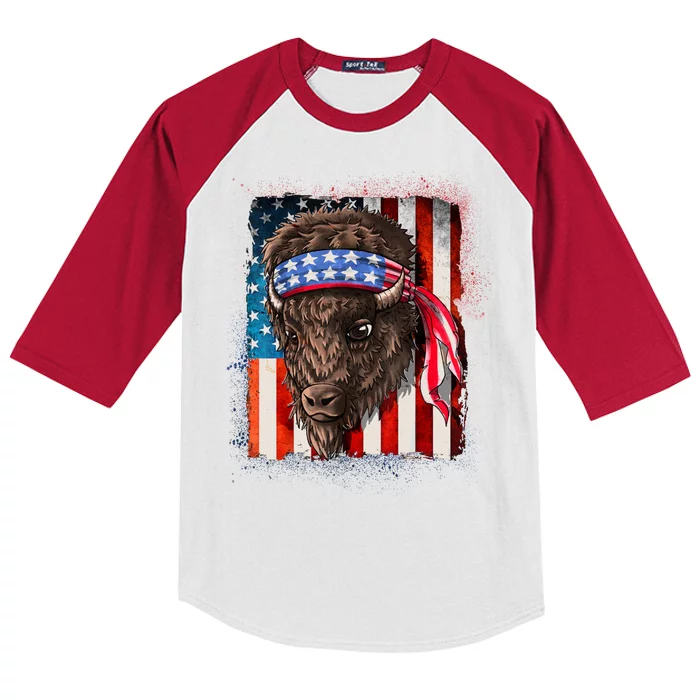 Funny Buffalo With American USA Flag Bandana Kids Colorblock Raglan Jersey