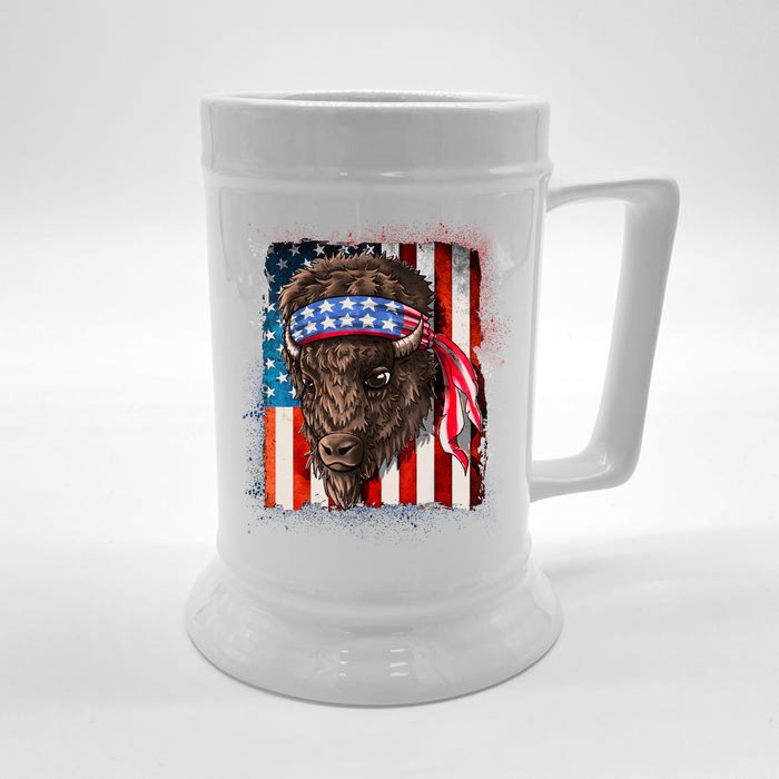 Funny Buffalo With American USA Flag Bandana Front & Back Beer Stein